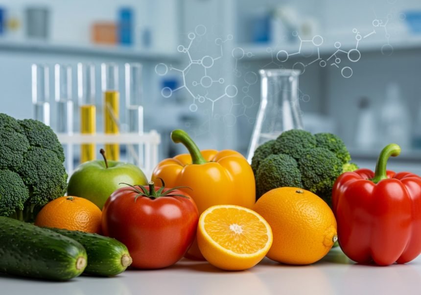 Bunte Gemüse und Obstsorten auf einem Tisch, umgeben von Laborgeräten.