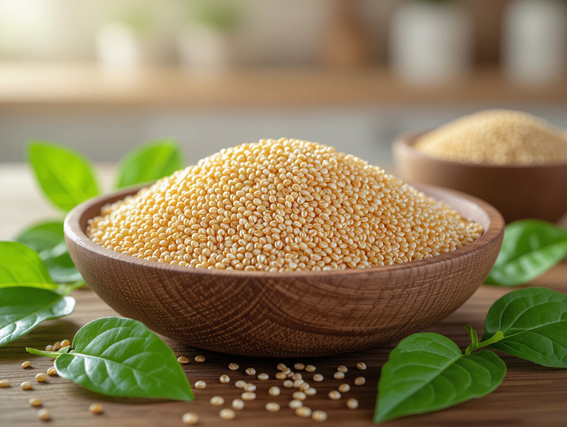 Eine Schüssel mit gepufftem Amarant, umgeben von frischen Blättern.