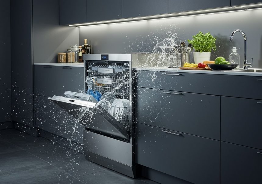 Ein moderner Geschirrspüler mit geöffnetem Fach, Wasser spritzt heraus.