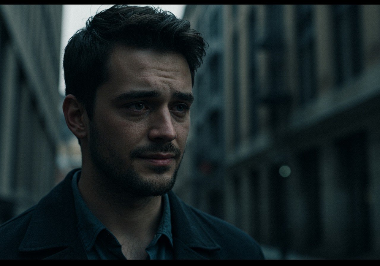 Ein besorgter junger Mann steht in einer urbanen Umgebung und blickt nachdenklich.