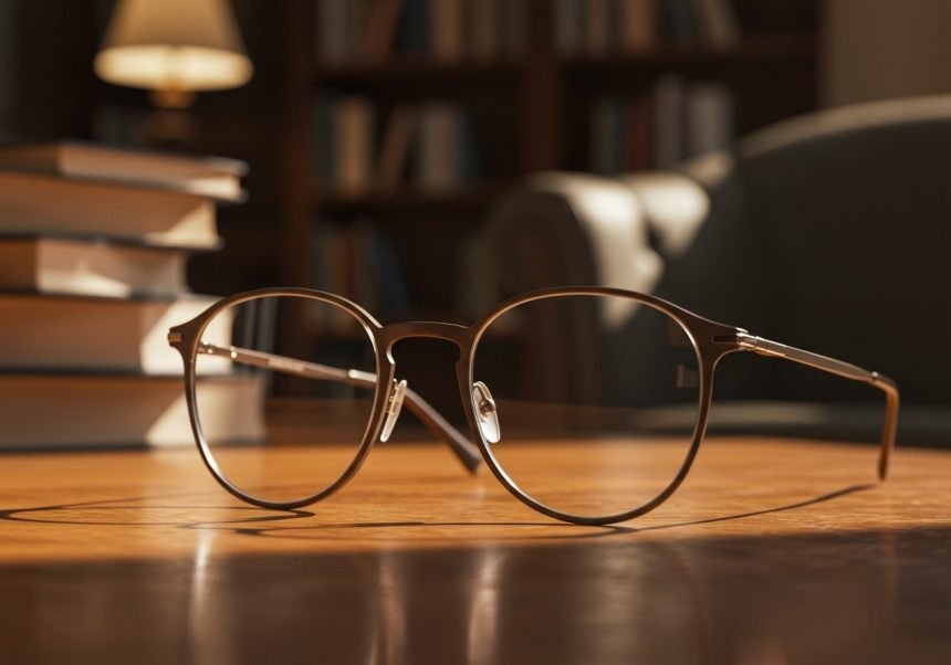Eine elegante Gleitsichtbrille liegt auf einem Holztisch neben Büchern.