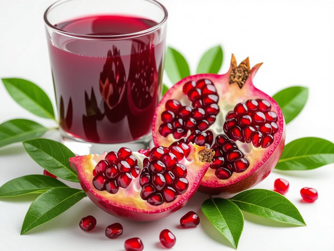 Ein Glas Granatapfelsaft neben einer halbierten Granatapfelfrucht mit Samen.