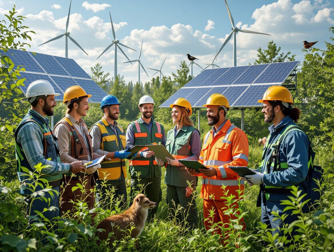 Eine Gruppe von Fachleuten in Schutzkleidung steht vor Windrädern und Solarpanelen.