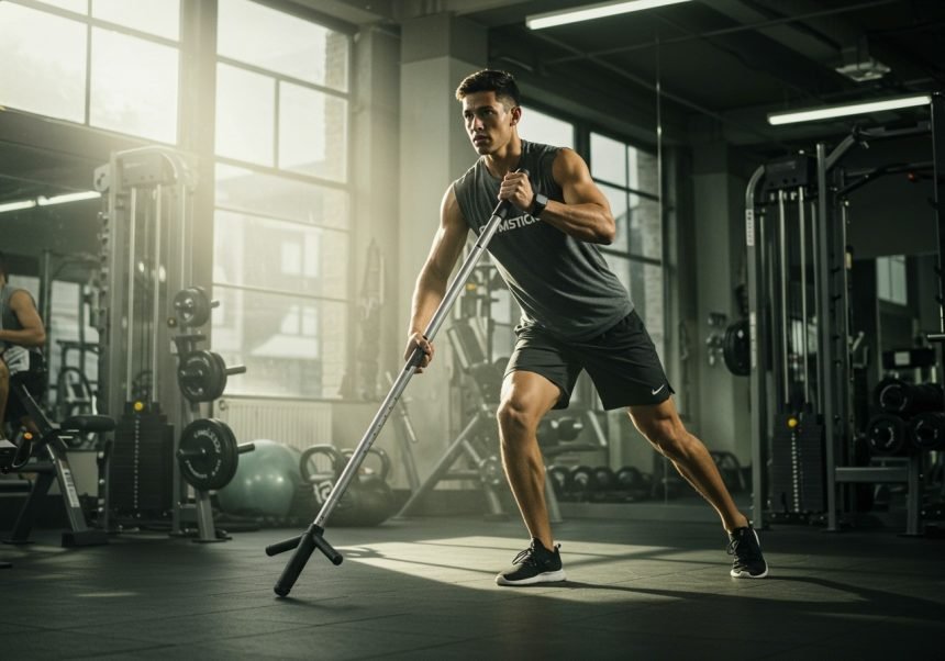 Ein Mann trainiert mit einem Gymstick in einem modernen Fitnessstudio.