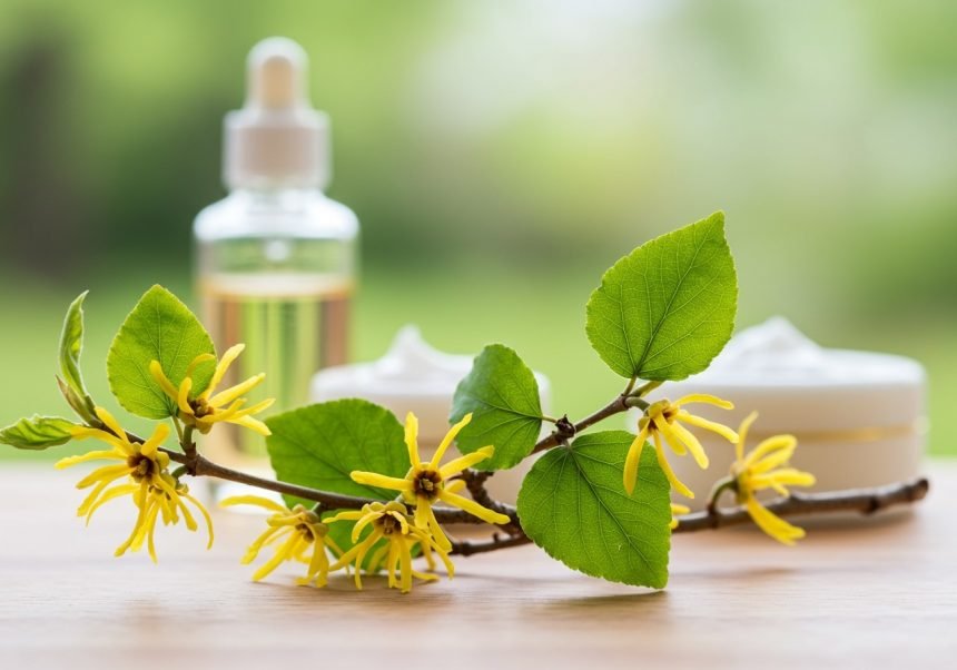 Zweige der Hamamelis mit gelben Blüten und Pflegeprodukten im Hintergrund.