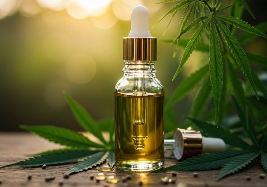 Eine Flasche Hanfsamenöl steht auf einem Holztisch, umgeben von Hanfblättern.
