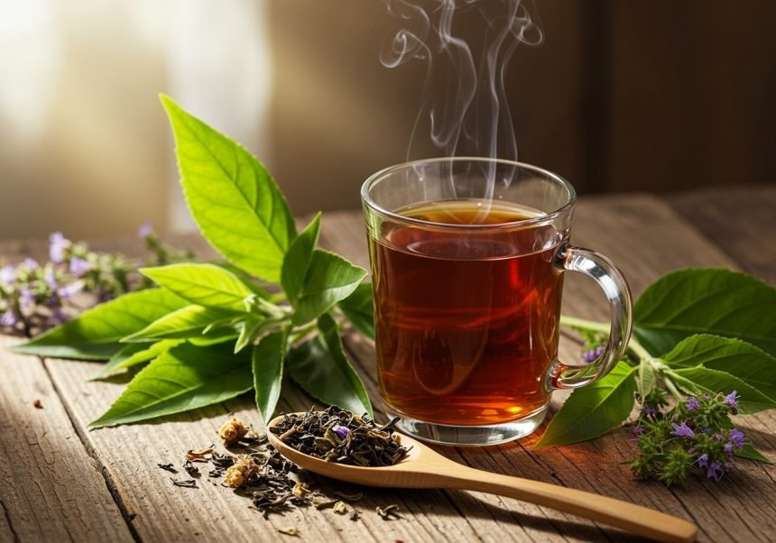 Eine Tasse dampfender Hanftee auf einem Holztisch mit Kräutern.