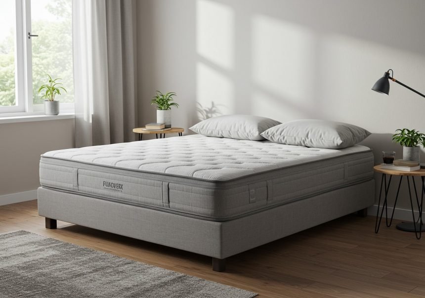 Eine feste Matratze mit zwei Kissen in einem hellen Schlafzimmer.