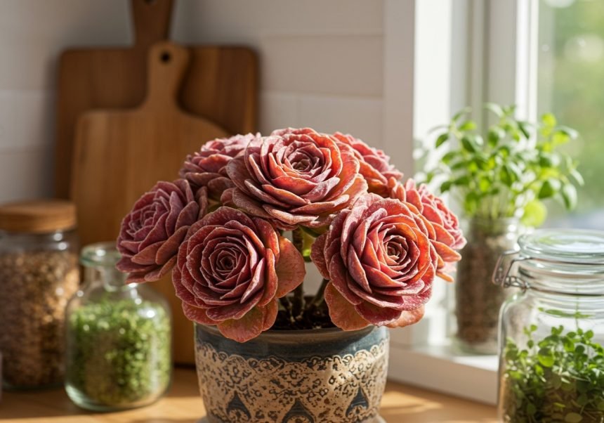 Eine Hauswurz-Pflanze mit rosettenförmigen Blättern in einem dekorativen Topf.