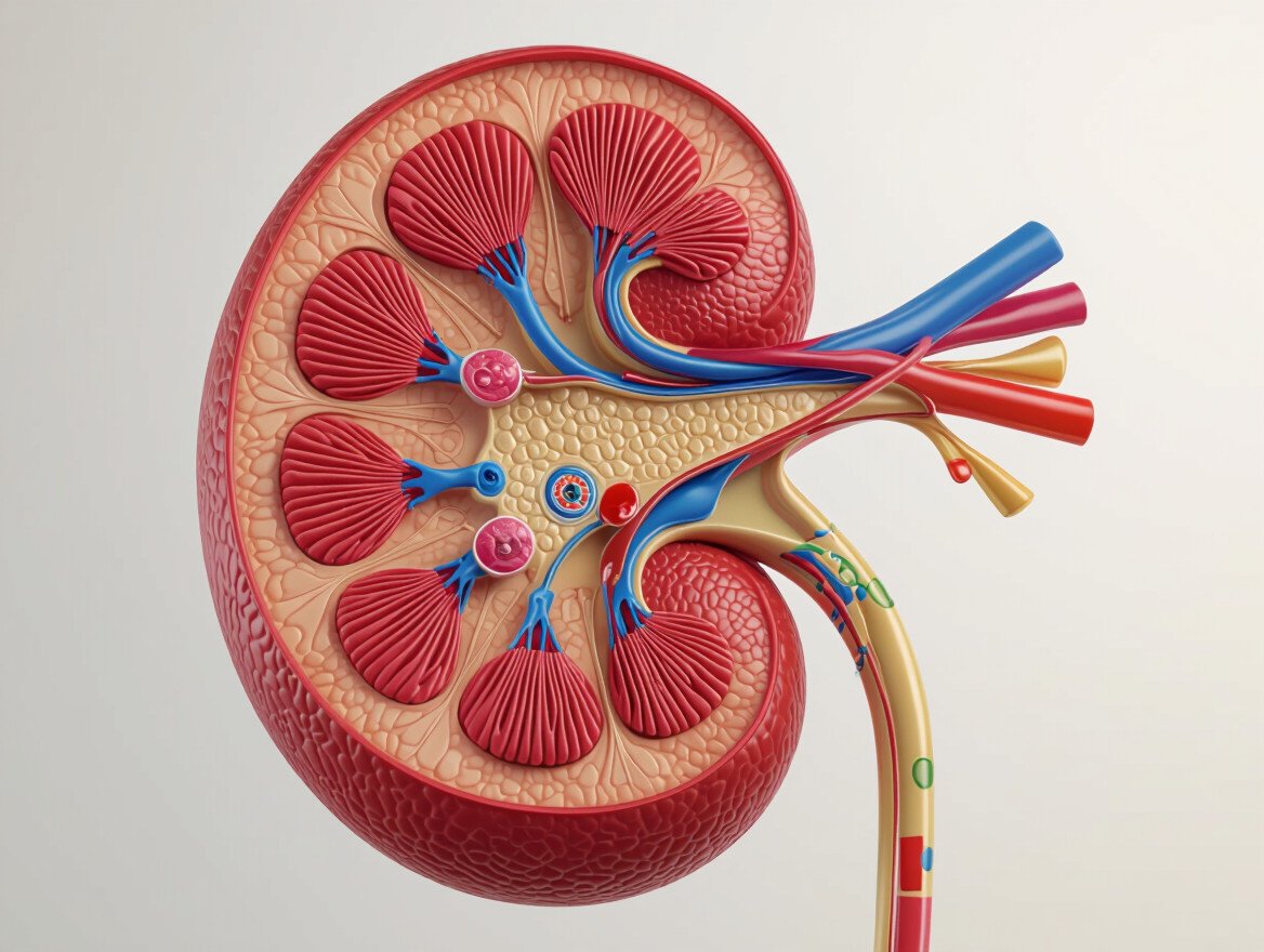 Detailansicht einer Niere mit hervorgehobenen Strukturen der Henle-Schleife.