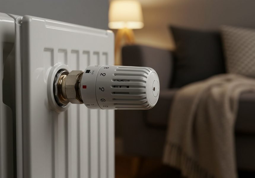 Ein Herz-Thermostatventil an einem Heizkörper zur Temperaturregelung.