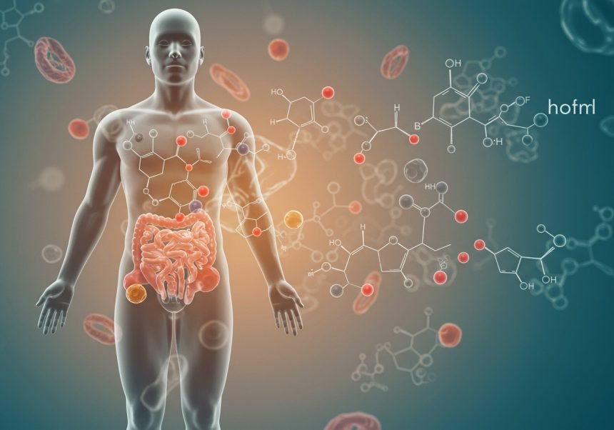 Ein menschlicher Körper mit hervorgehobenen Organen und chemischen Strukturen, die Histamin darstellen.