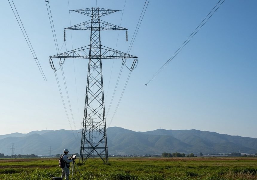 Ein Techniker steht unter einer Hochspannungsleitung in einer ländlichen Umgebung.
