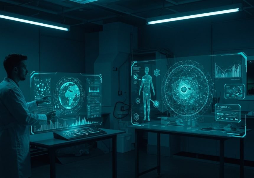 Ein Wissenschaftler interagiert mit holografischen Displays in einem Labor.