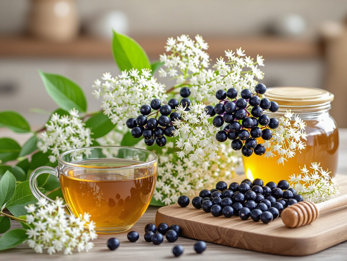 Eine Tasse Holundertee mit Holunderblüten und -beeren auf einem Tisch.