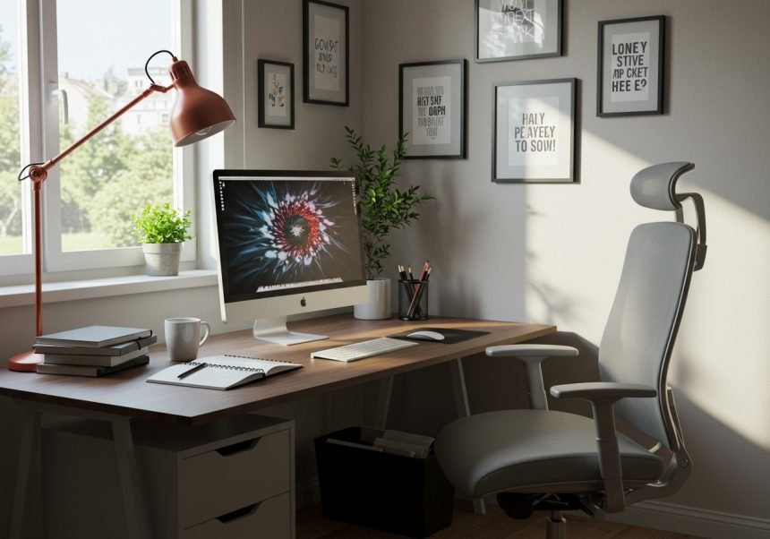 Ein modernes Homeoffice mit Schreibtisch, Computer und Pflanzen.
