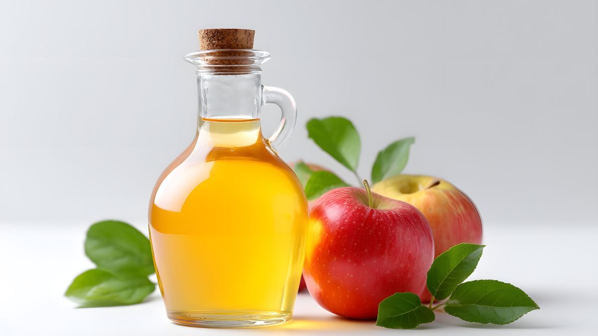 Eine Flasche Apfelessig neben frischen Äpfeln und Blättern.