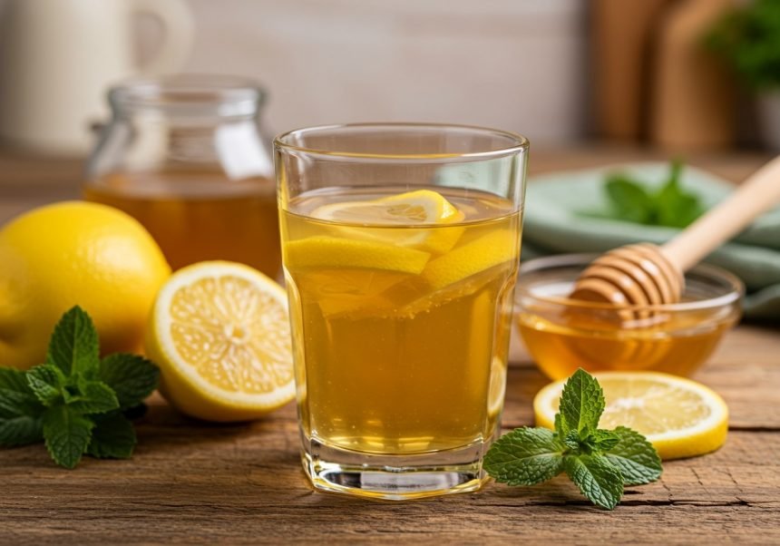 Ein Glas Honigwasser mit Zitronenscheiben und frischer Minze auf einem Holztisch.
