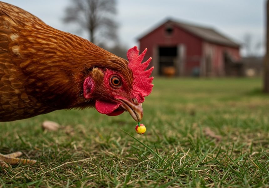 Ein Huhn pickt auf dem Gras nach einem kleinen bunten Objekt.