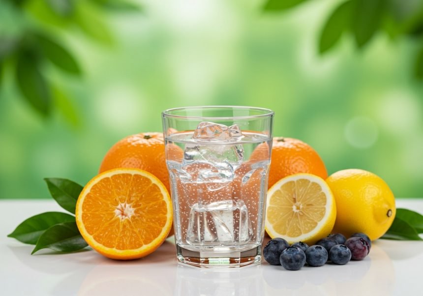 Ein Glas mit Eiswasser umgeben von frischen Orangen, Zitronen und Blaubeeren.