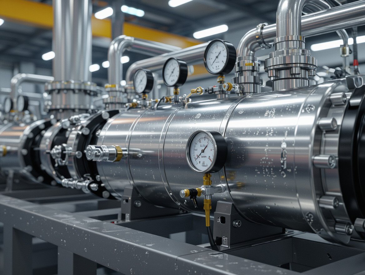 Detailaufnahme eines Hydrospeichers mit Druckmessgeräten und Rohren.