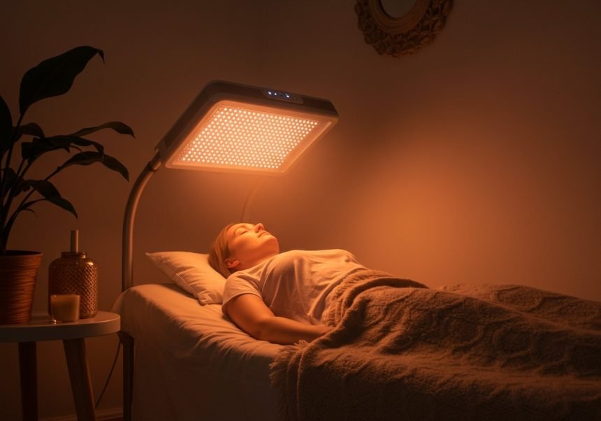 Eine Person liegt entspannt unter einer Infrarotlampe in einem ruhigen Raum.