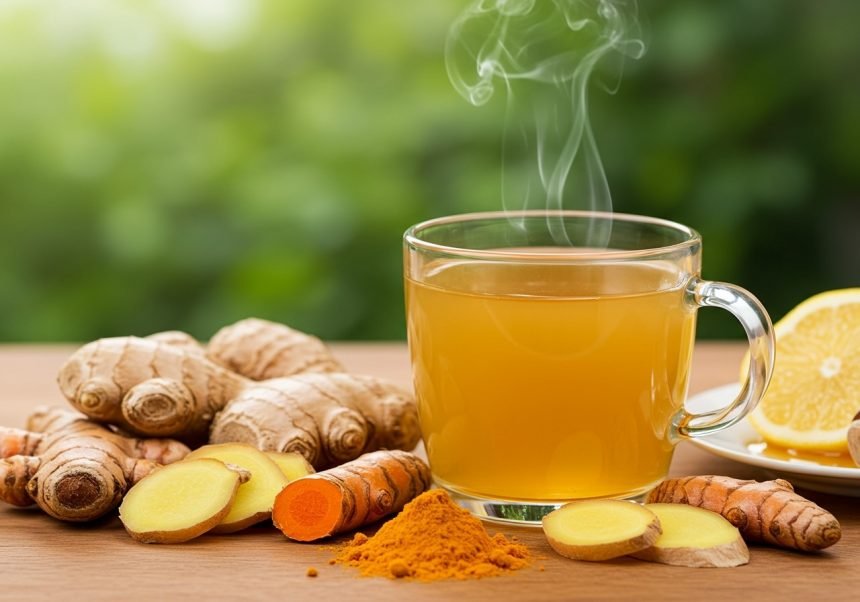 Eine Tasse Ingwer-Kurkuma-Tee mit frischem Ingwer und Kurkuma auf einem Tisch.