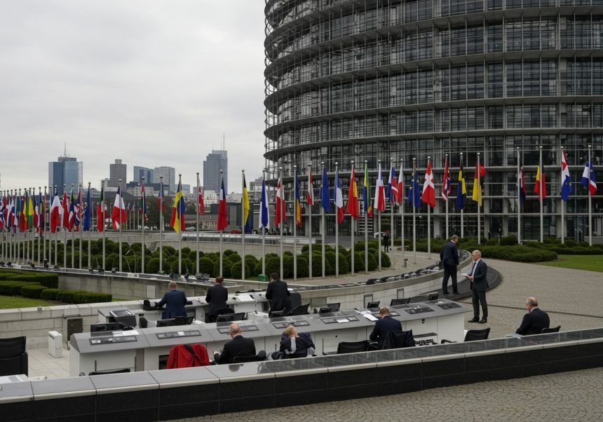 Blick auf das EU-Parlament mit Flaggen der Mitgliedstaaten und Abgeordneten.