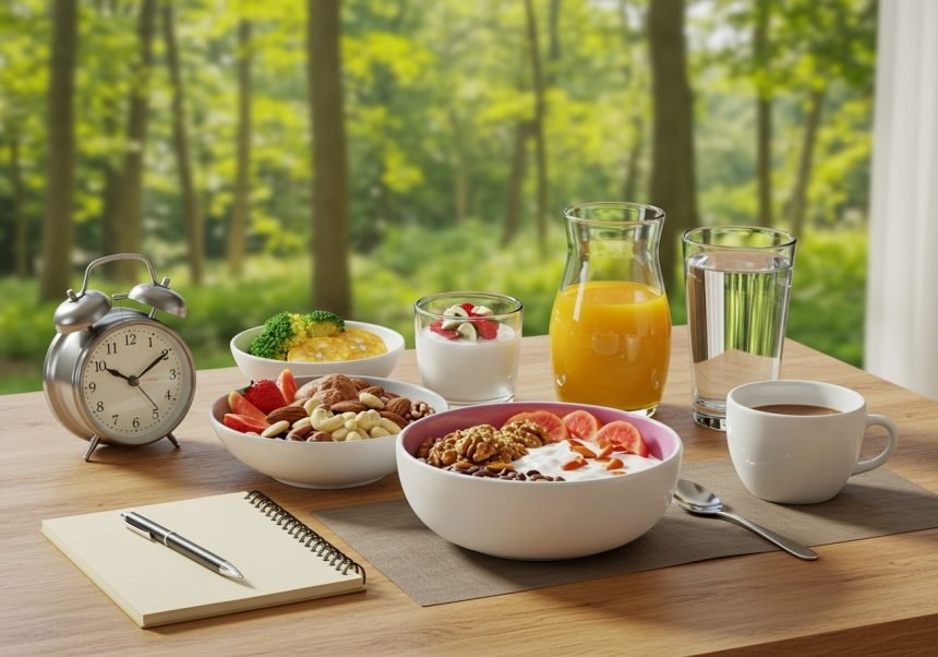 Ein reichhaltiges Frühstück mit Obst, Joghurt, Nüssen und Getränken auf einem Tisch.