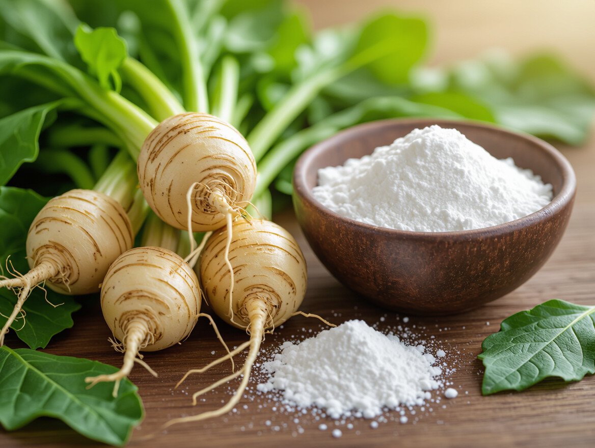 Frische Wurzeln und Inulinpulver auf einem Holztisch.