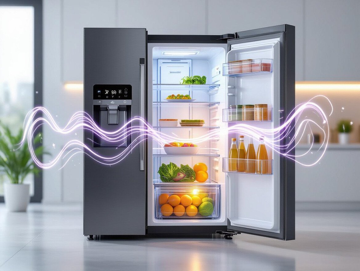 Ein moderner Inverter-Kühlschrank mit frischen Lebensmitteln und Getränken.