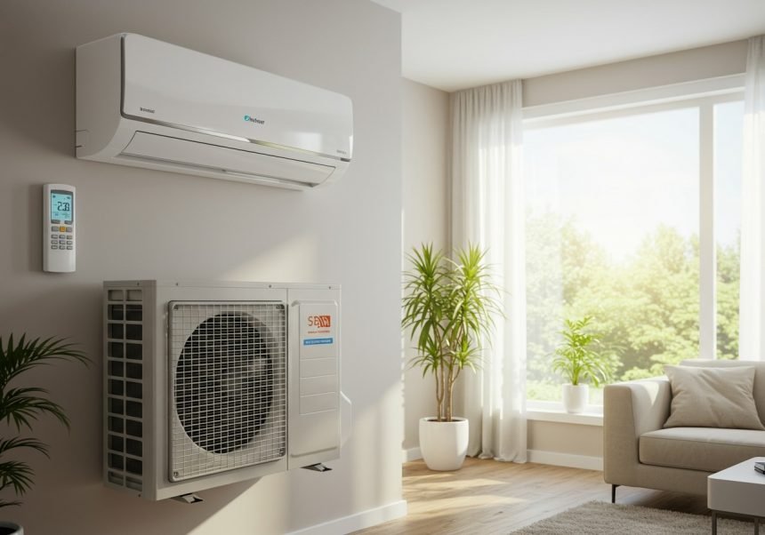 Moderne Inverter-Split-Klimaanlage in einem hellen Raum mit Pflanzen.