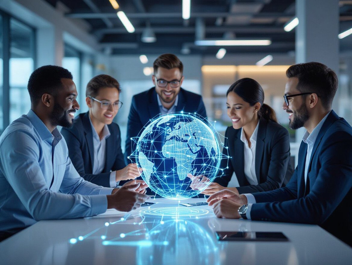 Eine Gruppe von Fachleuten diskutiert über IoT-Technologien mit einem holografischen Globus.