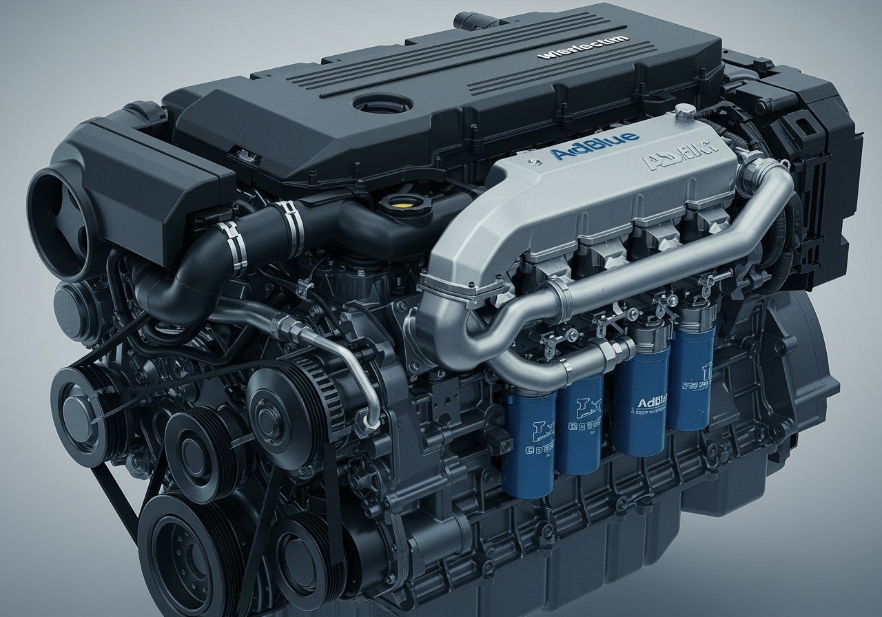 Detailansicht eines Dieselmotors mit AdBlue-System zur Emissionsreduktion.