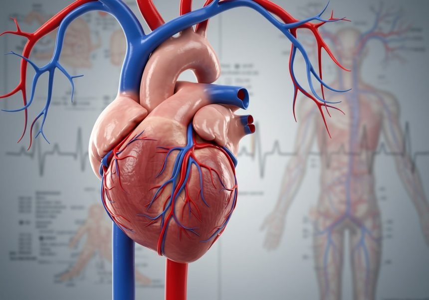 Detailansicht eines menschlichen Herzens mit Blutgefäßen im Hintergrund.