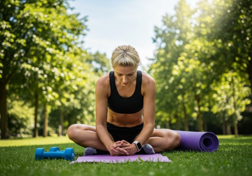 Eine Frau macht Dehnübungen auf einer Matte im Park, um ihre Fitness zu verbessern.