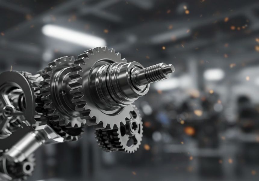 Detailaufnahme eines Flaschenzugs mit Zahnrädern und Mechanik.