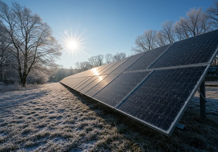 Frostige Solaranlage im Winter mit strahlender Sonne im Hintergrund.