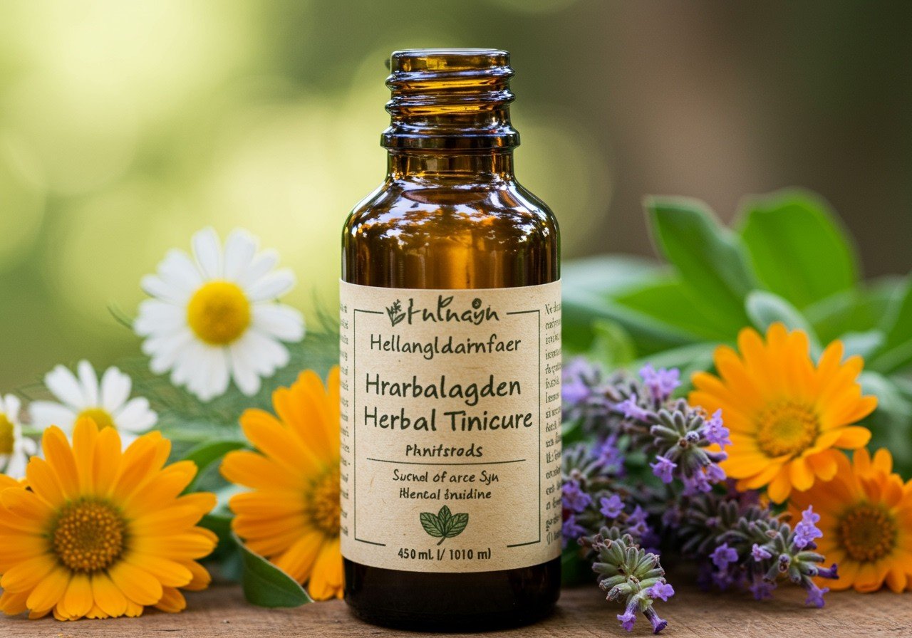 Eine Flasche Ezerjófű-Tropfen umgeben von bunten Kräutern und Blumen.