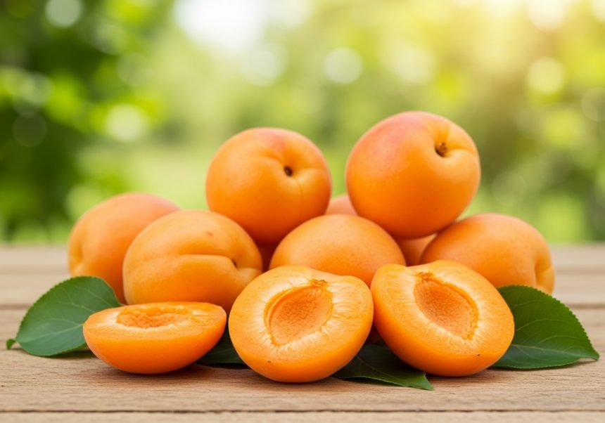 Frische Aprikosen auf einem Holztisch, einige halbiert und mit Blättern.