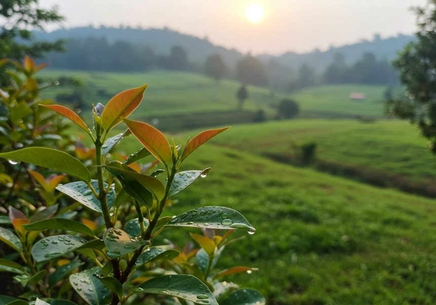 Eine Nahaufnahme von frischen, grünen Pflanzenblättern im Morgenlicht.