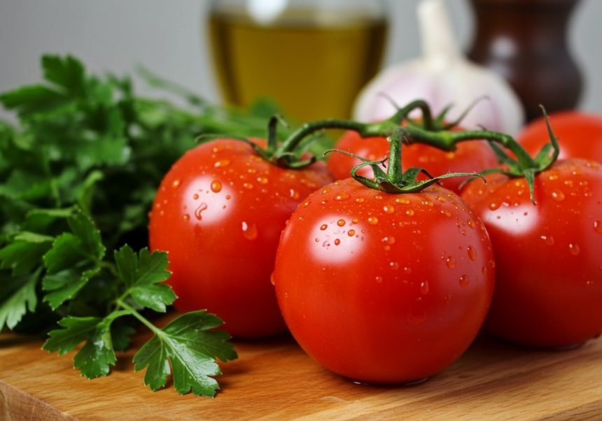 Frische, rote Tomaten mit Wassertropfen auf einem Holzbrett, umgeben von Petersilie.