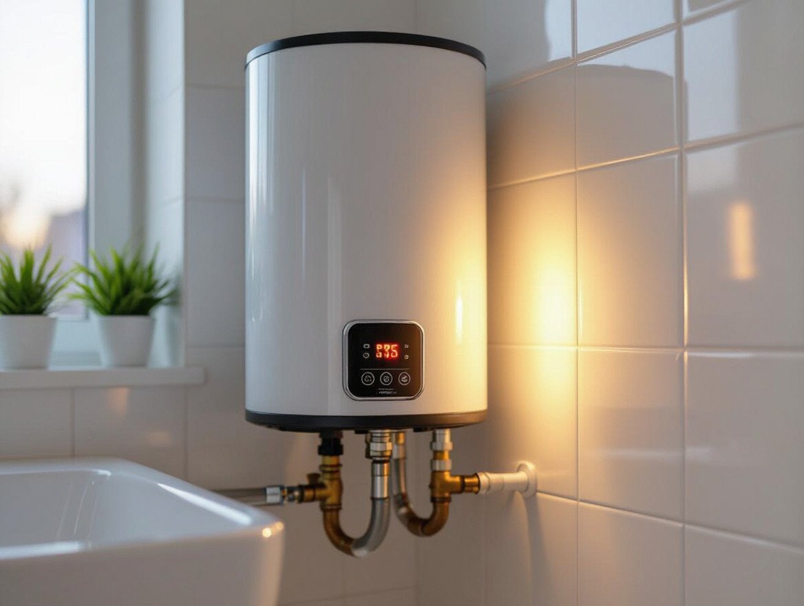 Ein moderner Gasboiler an einer Wand mit Pflanzen und Waschbecken.