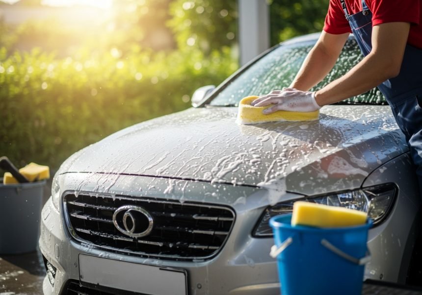 Eine Person wäscht ein Auto mit einem Schwamm und Seifenwasser.