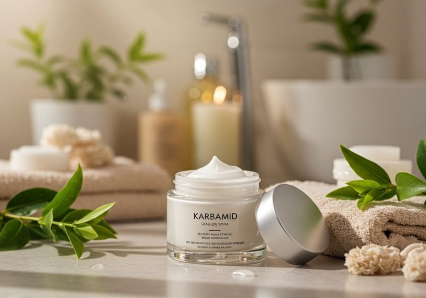 Eine offene Creme-Dose mit Harnstoff in einem stilvollen Badezimmer-Setup.