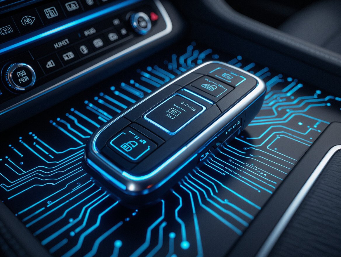 Ein modernes elektronisches Gaspedal mit leuchtenden Schaltflächen auf einem stilisierten Hintergrund.