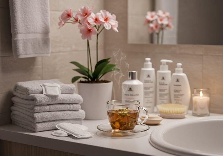 Ein Badezimmer mit frischen Handtüchern, einer Tasse Tee und Pflegeprodukten.
