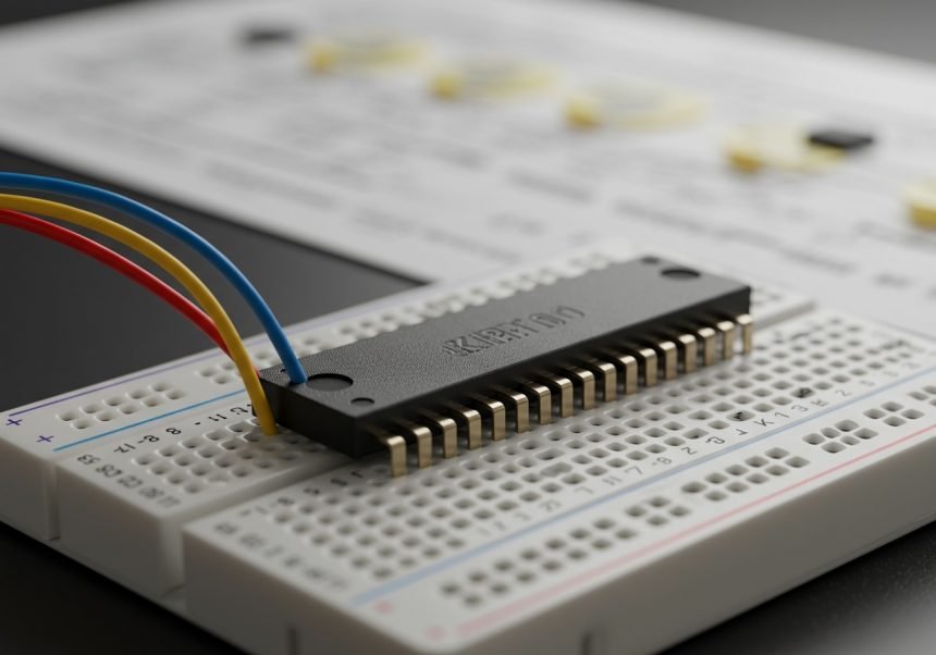 Ein JK Flip-Flop-Chip auf einem Breadboard mit bunten Drähten verbunden.