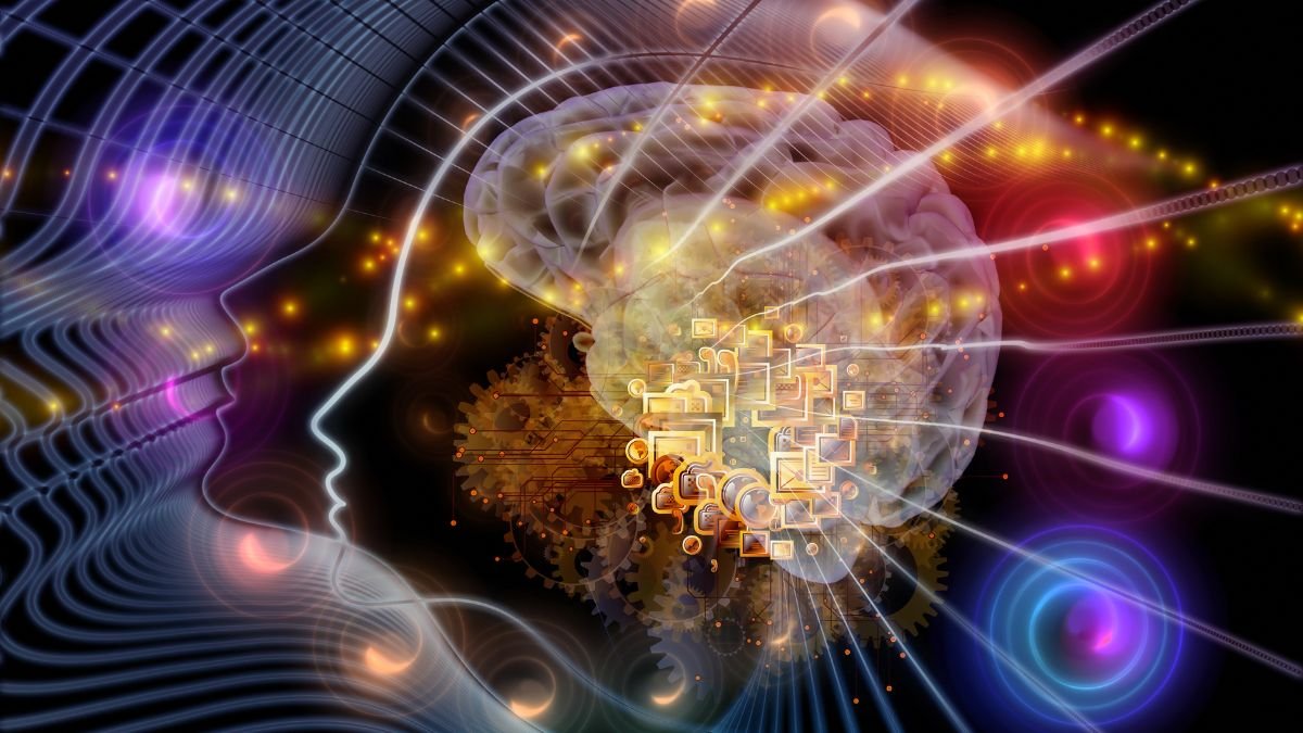 Eine künstlerische Darstellung des menschlichen Kopfes mit einem Gehirn und leuchtenden Verbindungen.