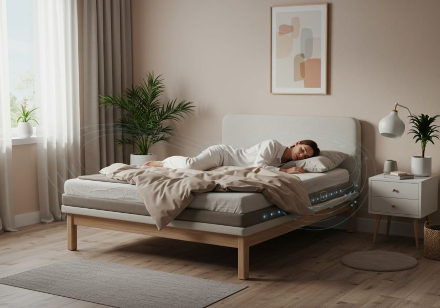 Eine schlafende Person auf einem modernen Magnetbett in einem hellen Schlafzimmer.